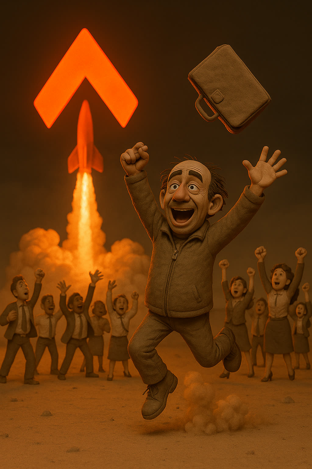 A giant glowing orange chevron lifting off like a rocket on two columns of flame while Dave leaps for joy, briefcase flying, and a crowd of claymation office workers cheer