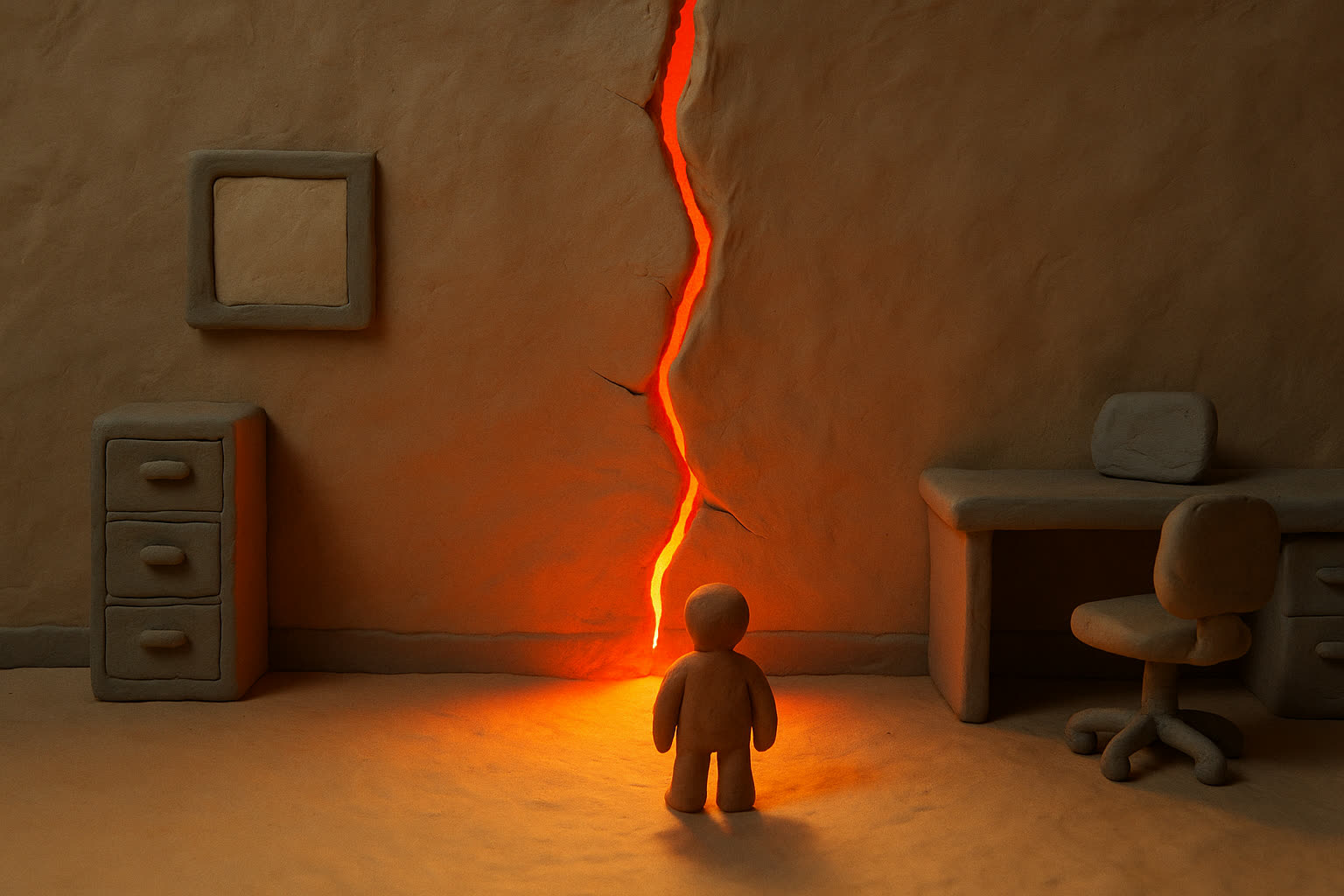 A beige office wall cracked open with hot orange light pouring through; a small clay figure stands before it
