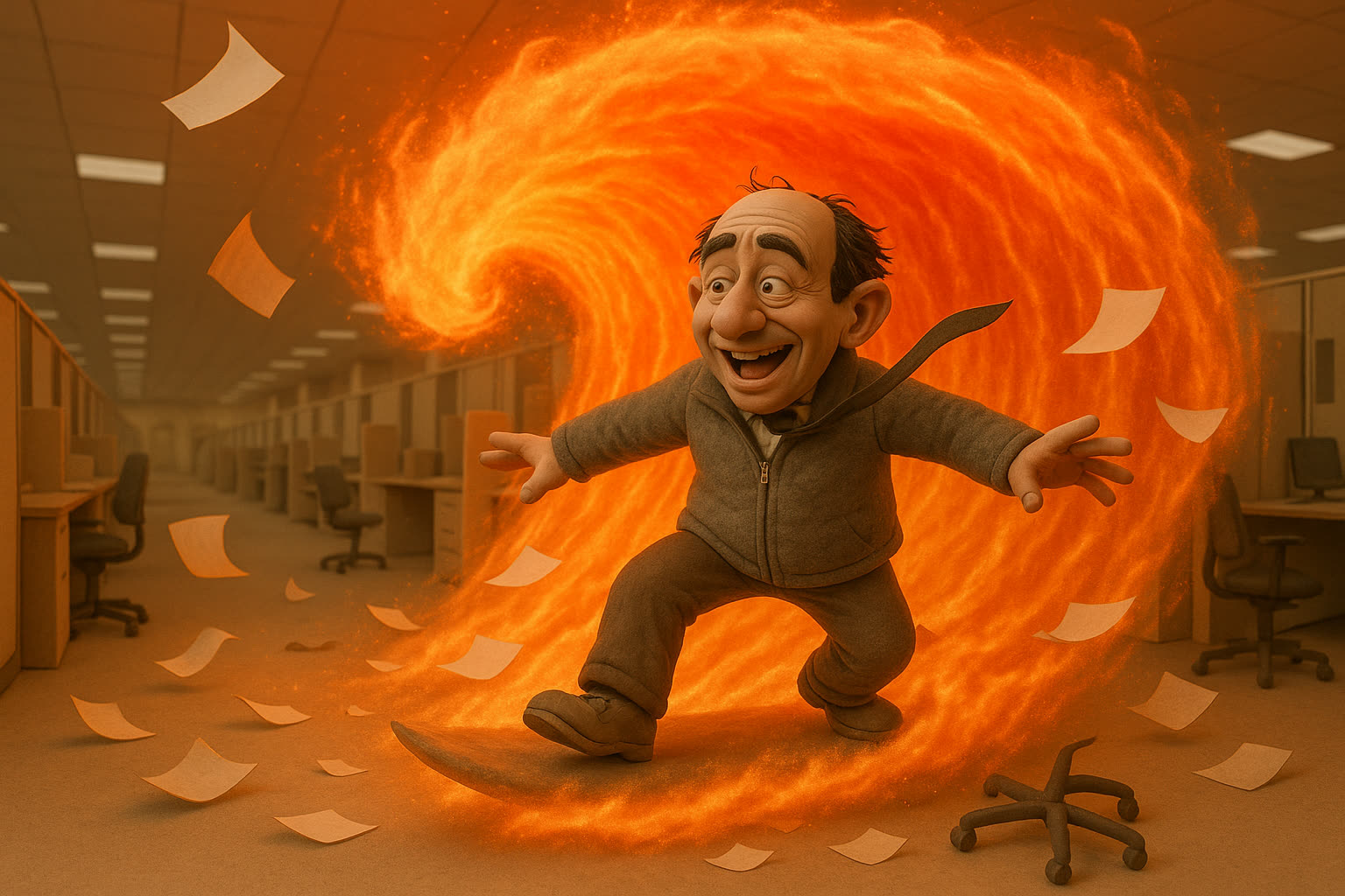 A claymation office worker joyfully surfing a giant glowing orange wave through a beige open-plan office, papers and chairs swept up in it
