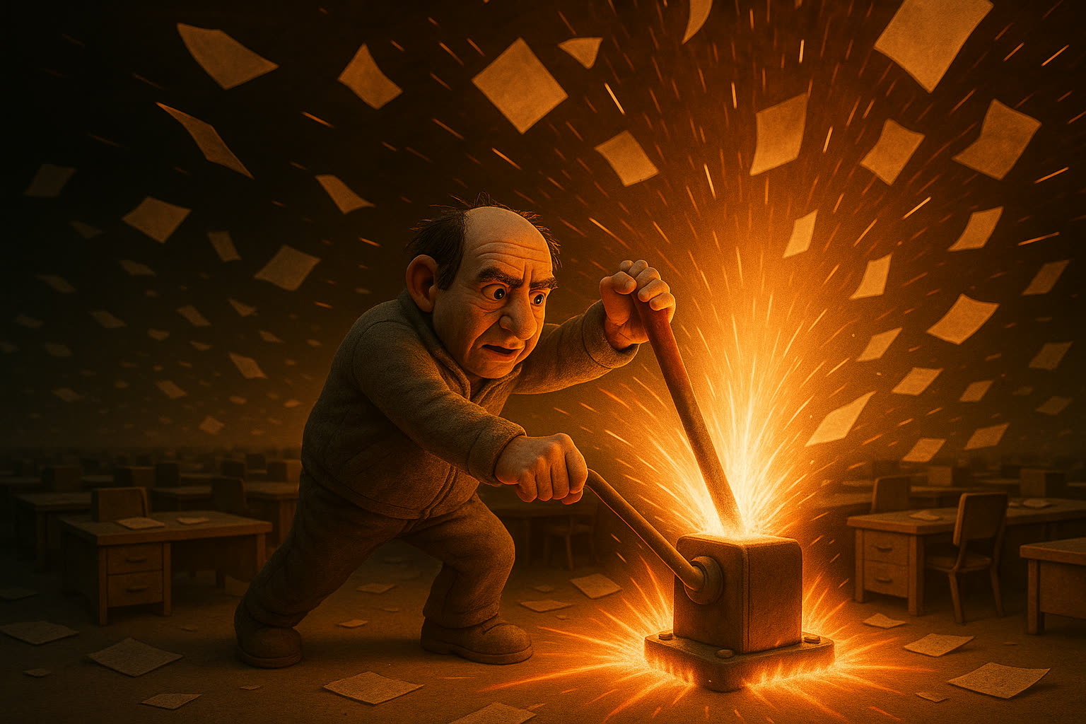 A claymation worker slamming a giant industrial lever as a starburst of orange light erupts through a dark office, papers blasted into the air