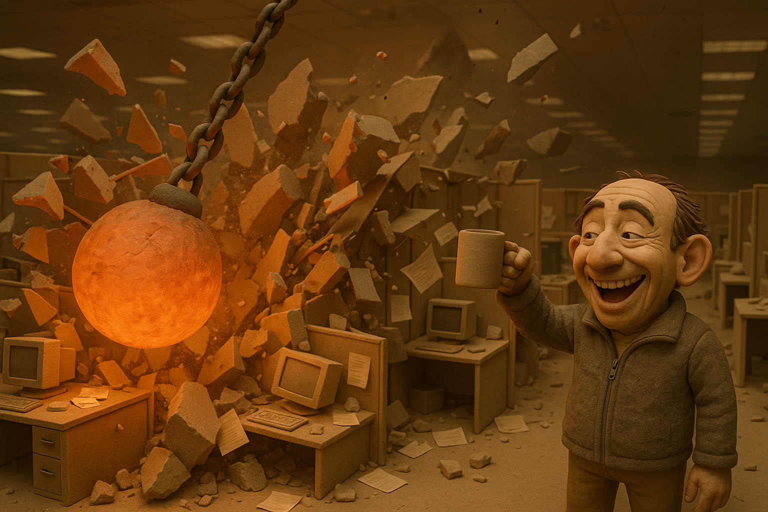 A glowing orange wrecking ball smashing through beige office cubicles, debris flying, while Dave watches delighted and raises his coffee mug